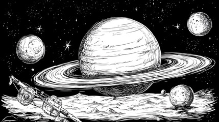 Wall Mural - A monochrome sketched depiction of a ringed planet looming over a moonscape surrounded by stars and distant celestial bodies.