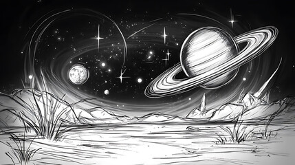 Wall Mural - Monochrome cosmic sketch featuring a ringed planet hovering above a desolate landscape under a starry sky.