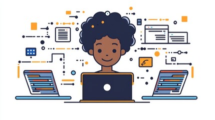 A web development businessman maintains a responsive web network symbolized by an icon that encompasses frontend design, development, backend database management, hosting, cloud server, and full