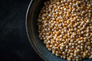 Aufkleber - Close-up shot of a bowl brimming with popped kernels, their light, airy texture beautifully displayed against a dark, moody background.