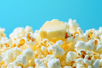 Poster - Buttered Popcorn: A close-up view of delicious popcorn, perfect for a snack or movie night, with a vibrant, light blue background.