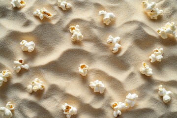 Poster - Popcorn scattered on a wavy surface, resembling a sandy beach, creating a unique and unexpected visual texture. A playful snack scene.
