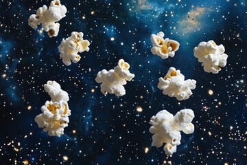 Fototapete - Popcorn Floating in Space: A whimsical food still life against a cosmic background creating a playful and surreal experience.