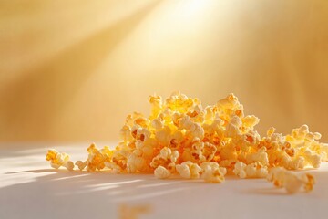 Poster - A mound of freshly popped popcorn sits in a ray of warm, inviting sunlight, ready to be enjoyed. Golden hues enhance its appeal.