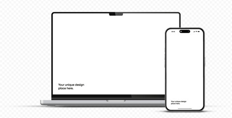 Leinwandbilder - Modern laptop mockup front view and smartphone mockup high quality isolated on white background. Notebook mockup and phone device mockup for ui ux app and website presentation Stock Vector.