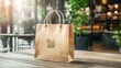 © Generative AI - Eco-Friendly Shopping Bag on Wooden Table in a Cafe Setting: Sustainable Retail Concept