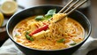 © kas - Closeup of Spicy Red Curry Noodle Soup with Tofu and Basil