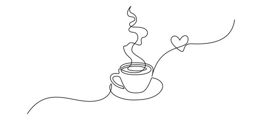 Aufkleber - Cup coffee with steam in One continuous line drawing. Morning hot drink for breakfast menu in cafe and web banner in simple linear style. Editable stroke. Doodle oneline Vector illustration
