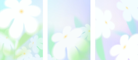 Spring or summer season blur background. Abstract gradation green blue color cover, spring white flowers, leaves, sky. Chamomile bg. Soft gradient mesh illustration