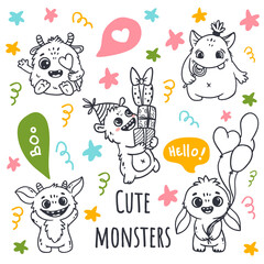 Wall Mural - set of cartoon monsters. cute monsters in doodle style. kids funny character design for posters, car