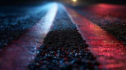 Fototapete - Close-up of wet asphalt road at night, illuminated by red and blue lights, showcasing texture and reflection, symbolizing speed, journey, or urban life