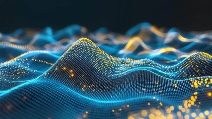 Abstract digital landscape with blue & yellow glowing particles