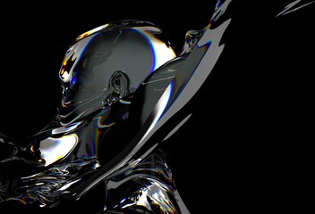 Aufkleber - 3D illustration features a distorted, glass-like or chrome human face merging with fluid-like waves, creating a dynamic and abstract visual in a reflective style.