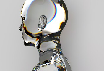 Aufkleber - 3D illustration of a transparent, glass-like human head with colorful light reflections, showcasing smooth contours and vibrant hues.