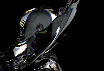 Aufkleber - 3D illustration features a distorted, glass-like or chrome human face merging with fluid-like waves, creating a dynamic and abstract visual in a reflective style.