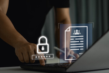 Aufkleber - Cyber security protect login password and secure internet access. Businessman using laptop internet network for data protection, Significance of secure login, data protection in the digital world.