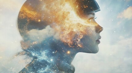 Wall Mural - double exposure of an astronaut combined with galaxies and nebulae, cosmic feel, spacious background