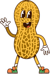 Aufkleber - Cartoon groovy peanut nut pod character is smiling, waving hand and showcasing a friendly and happy expression. Isolated vector cheerful peanut healthy personage with expressive eyes and y2k sneakers
