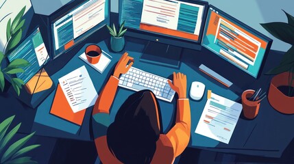 Focused coder at multi-monitor workspace crafting innovative software