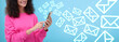 © New Africa - Email message. Woman using smartphone on light blue background, closeup. Envelopes flying out of device