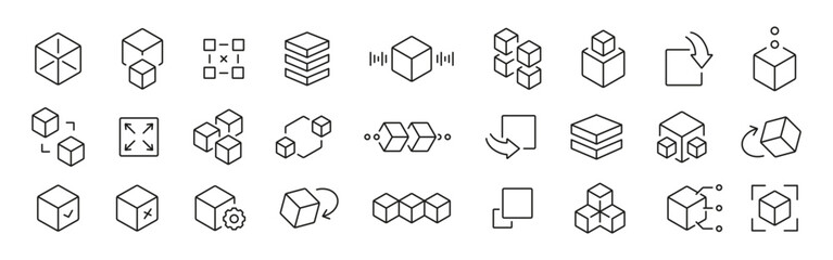 Wall Mural - Cube, 3d model icons. Engineering, tool, cube outline symbols. Vector icons