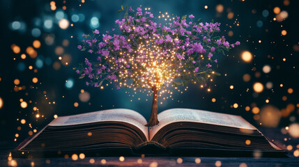 Wall Mural - magical tree of knowledge: an enchanting purple tree blossoms from an open book, its branches adorne