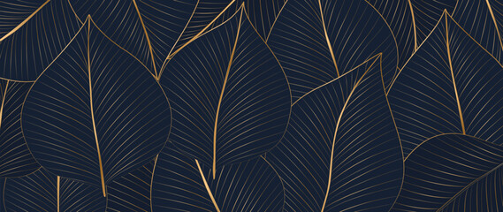 Wall Mural - abstract art background with blue exotic leaves hand drawn in line style. botanical banner for decor