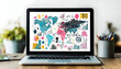 © wear - A laptop displaying a colorful world map with charts and graphs, set on a wooden desk with plants