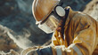 © Velem - Blasting technician wearing protective gear and setting up explosives at a mine. Featuring safety and expertise