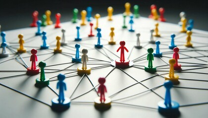 teamwork and connection network concept — wooden figures connected by strings on board.