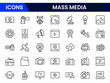 © oneflock - Mass media and journalism. TV show, program, news, report, video, and interview. Outline icon collection.