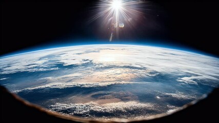 Earth view from space clouds, blue sky, and sun's glare. A beautiful planet observed from outer space