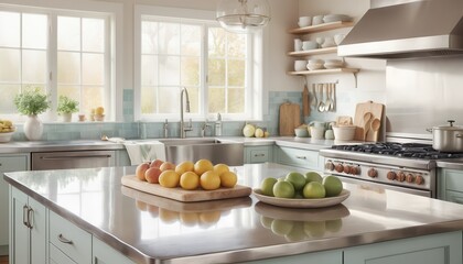 Poster - Bright spacious kitchen with light teal cabinets and stainless steel appliances featu a large island with fruits on a wooden tray and bowl of s