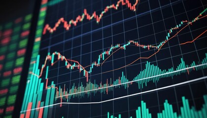 Poster - Close-up view of computer screen with dynamic stock market charts featu fluctuating lines and bars in red, green, and white on dark background