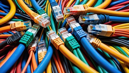 Leinwandbilder - Close-up of Tangled Vibrant Multicolored Ethernet Cables with Exposed RJ45 Connectors Showcasing a Technological Fiber Optic Connection Network