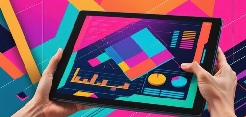 Poster - Hands Holding Tablet Displaying Colorful Charts and Graphs on Vibrant Geometric Background for Digital Analysis and Data Visualization Concept 150 Characters