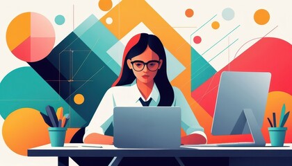 Aufkleber - Focused young woman working at desk on laptop surrounded by vibrant geometric shapes and design elements symbolizing creativity and productivity
