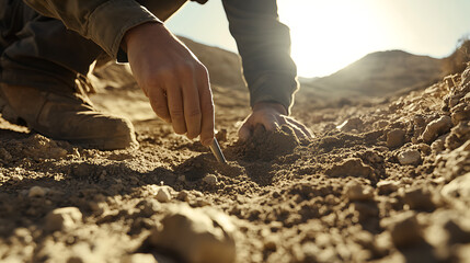 Wall Mural - Geologist collecting soil samples from a remote mining site under the sun. Featuring research and exploration