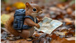 © Swaha - Adorable squirrel backpacker studying a map amidst autumn leaves. A whimsical image perfect for travel, nature, and adventure themes.