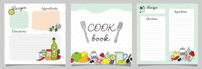cook book blanks , set of square page, card, doodle drawn vegetable and fruits, kitchen reminder, te