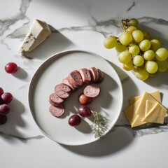 Aufkleber - Elegant food still life featuring sliced sausage grapes cheese and rosemary against a marble backdrop