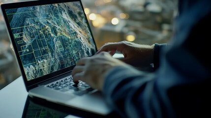 Wall Mural - Mining engineer analyzing geological data and extraction plans on a laptop at a mining site. Featuring analysis and strategy