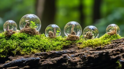 Wall Mural - crystal earth: translucent crystal spheres encased in miniature ecosystems suspended above mossy dec