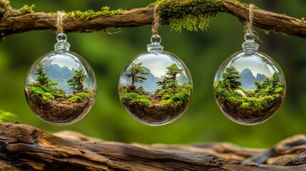 Wall Mural - crystal earth: translucent crystal spheres encased in miniature ecosystems suspended above mossy dec