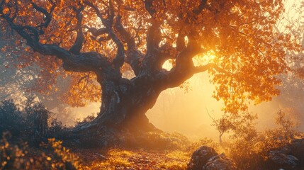 Poster - Majestic autumn tree bathed in golden sunlight