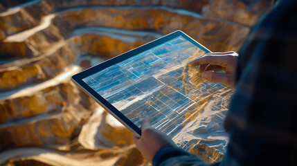 Wall Mural - Mining engineer reviewing digital plans of the mining site on a tablet. Featuring technology and analysis