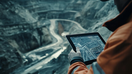 Wall Mural - Mining engineer reviewing digital plans of the mining site on a tablet. Featuring technology and analysis