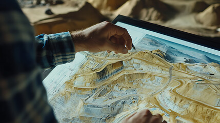 Wall Mural - Mining engineer reviewing technical maps and blueprints for a mining project at a field office. Featuring analysis and planning