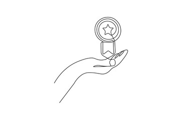 Fototapete - Hand with Winning badge in one continuous line drawing. Single line drawing illustration of Award winning ribbon with hand.  Symbol of a winner concept vector art. Doodle line illustration.