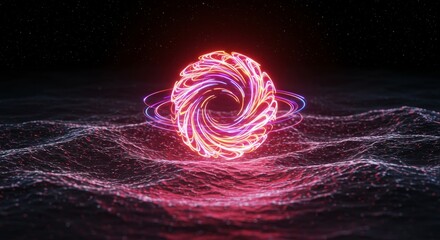 Wall Mural - glowing orb over dark waters - a vibrant pink and orange glowing orb floats above a dark, textured w